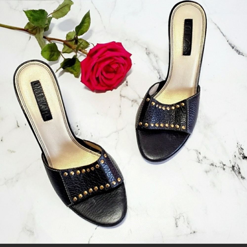 Unisa Black Leather Studded Slide Heels | sz 7